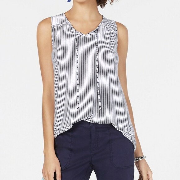 Style & Co. Tops - Style & Co. White and Navy Striped Sleeveless Tie-Front Blouse